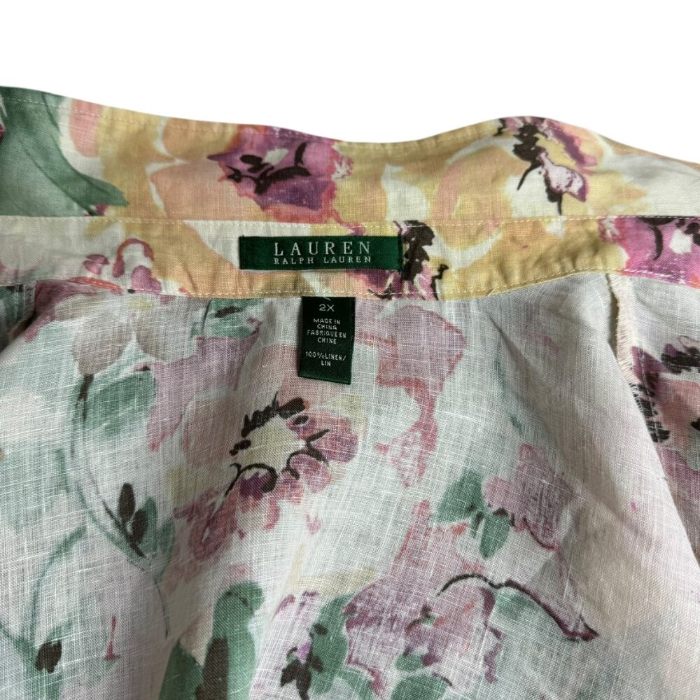 Ralph Lauren 100% Linen Floral Button-Up Blouse 2X Pastel Watercolor Print - Picture 6 of 6